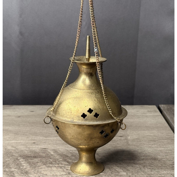 8.5" Vintage Brass Hanging Incense Burner w/Lid - Picture 1 of 6